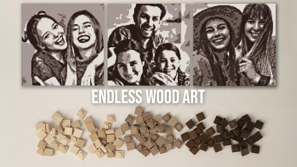 Photo art mosaics and building bricks made of natural wood