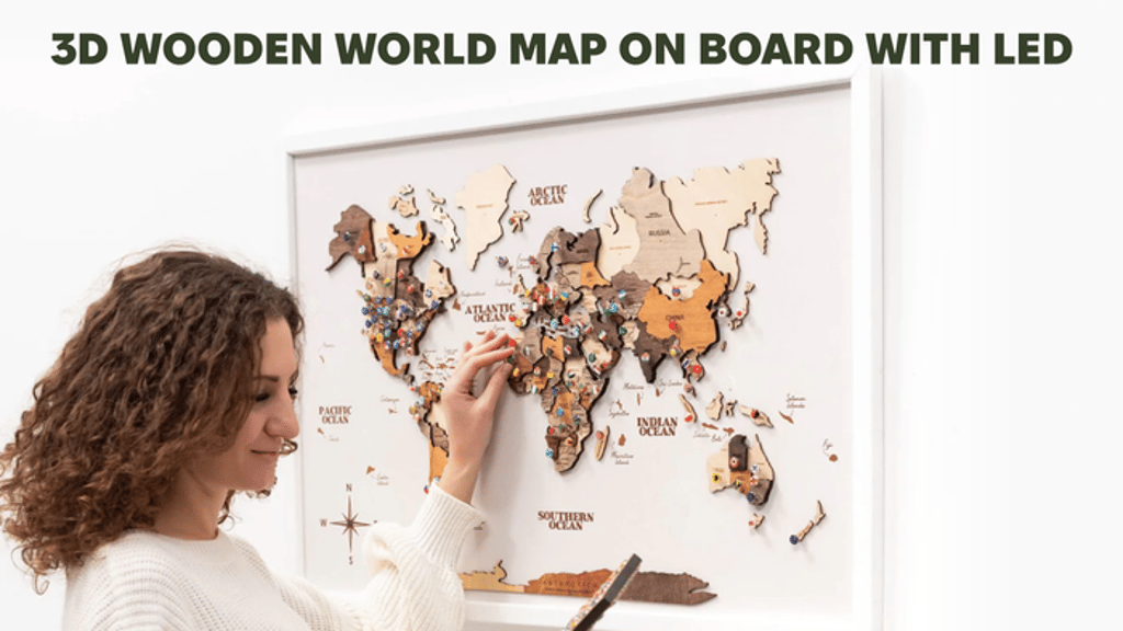3D Wooden World Map on Board with LED