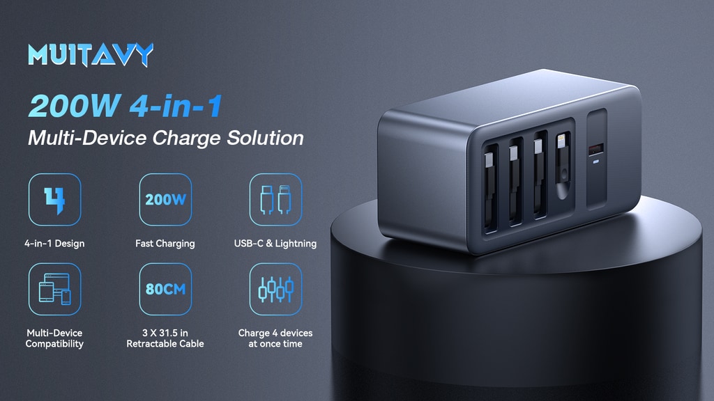 MUITAVY: 200W 4-in-1 Multi-Devices GaN Fast Charging Box
